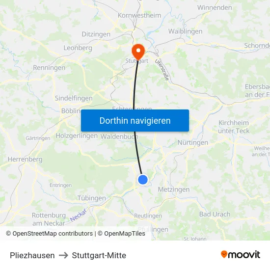 Pliezhausen to Stuttgart-Mitte map