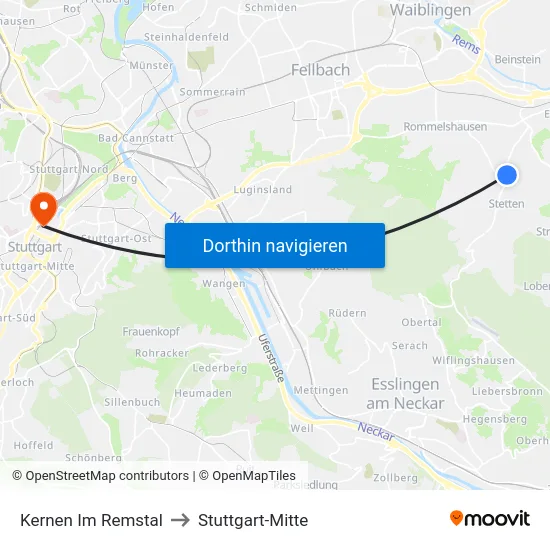 Kernen Im Remstal to Stuttgart-Mitte map