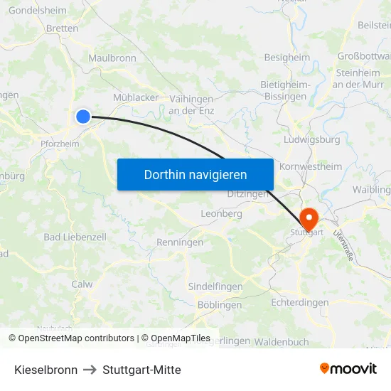 Kieselbronn to Stuttgart-Mitte map