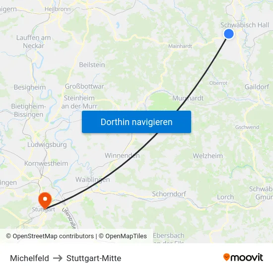 Michelfeld to Stuttgart-Mitte map
