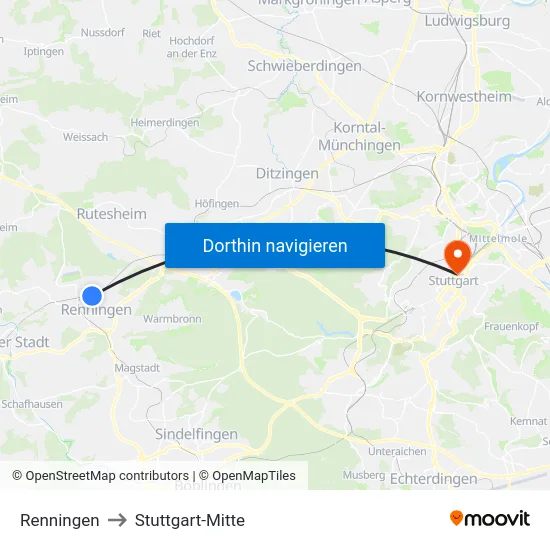 Renningen to Stuttgart-Mitte map