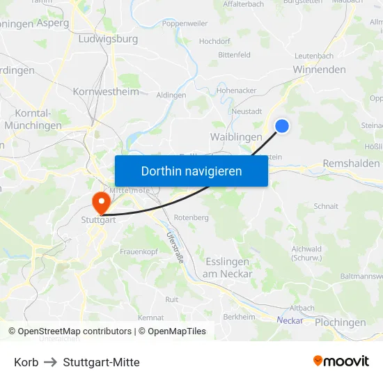Korb to Stuttgart-Mitte map