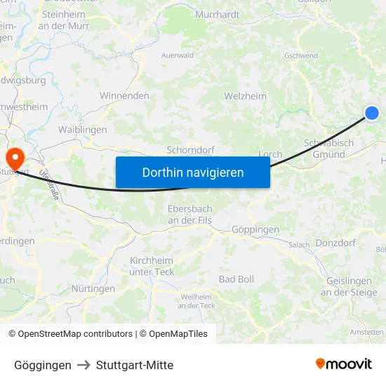Göggingen to Stuttgart-Mitte map
