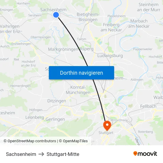 Sachsenheim to Stuttgart-Mitte map