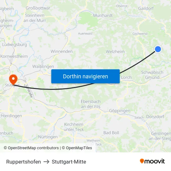 Ruppertshofen to Stuttgart-Mitte map