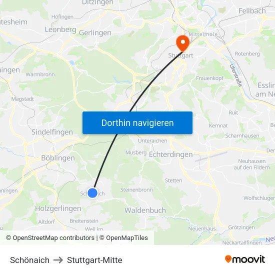 Schönaich to Stuttgart-Mitte map