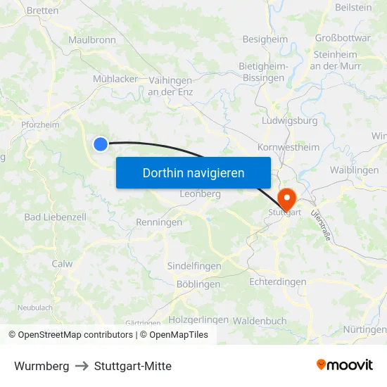 Wurmberg to Stuttgart-Mitte map