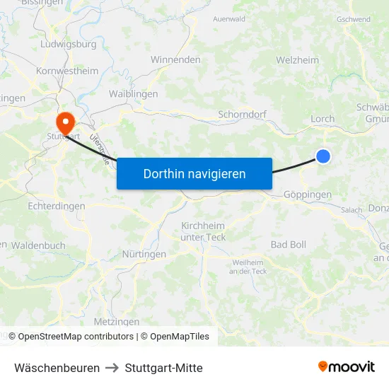 Wäschenbeuren to Stuttgart-Mitte map