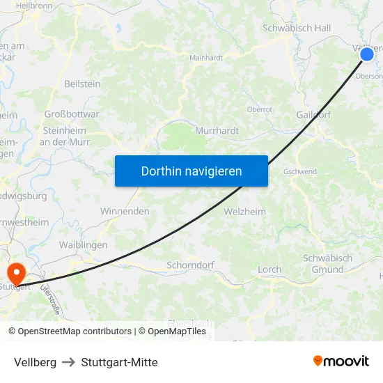 Vellberg to Stuttgart-Mitte map