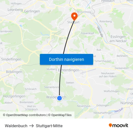Waldenbuch to Stuttgart-Mitte map