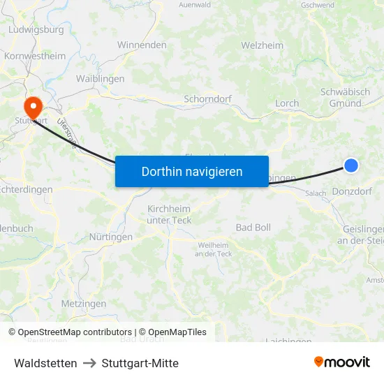 Waldstetten to Stuttgart-Mitte map