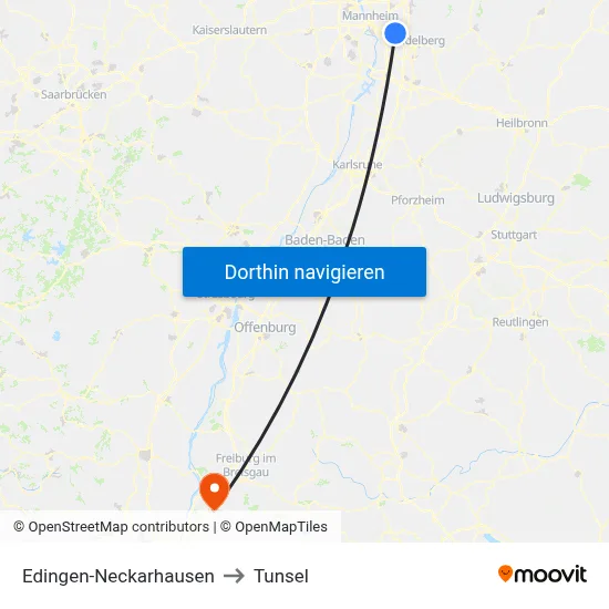Edingen-Neckarhausen to Tunsel map