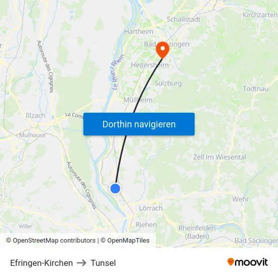 Efringen-Kirchen to Tunsel map