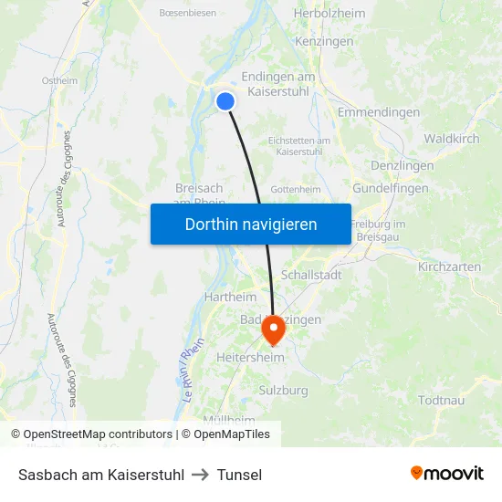 Sasbach am Kaiserstuhl to Tunsel map