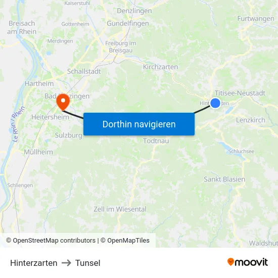 Hinterzarten to Tunsel map