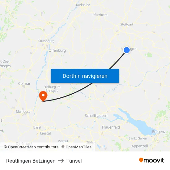Reutlingen-Betzingen to Tunsel map