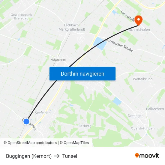 Buggingen (Kernort) to Tunsel map