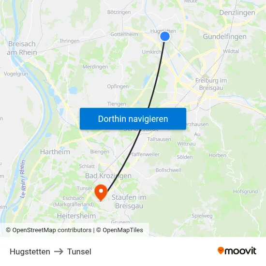 Hugstetten to Tunsel map