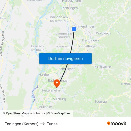 Teningen (Kernort) to Tunsel map