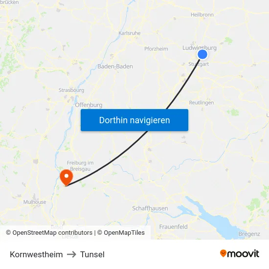 Kornwestheim to Tunsel map