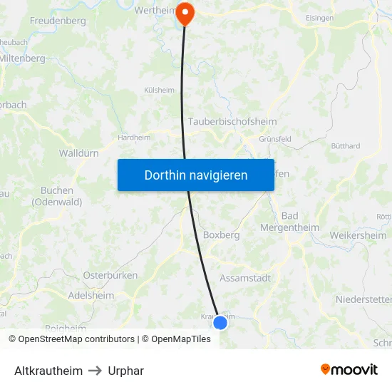 Altkrautheim to Urphar map