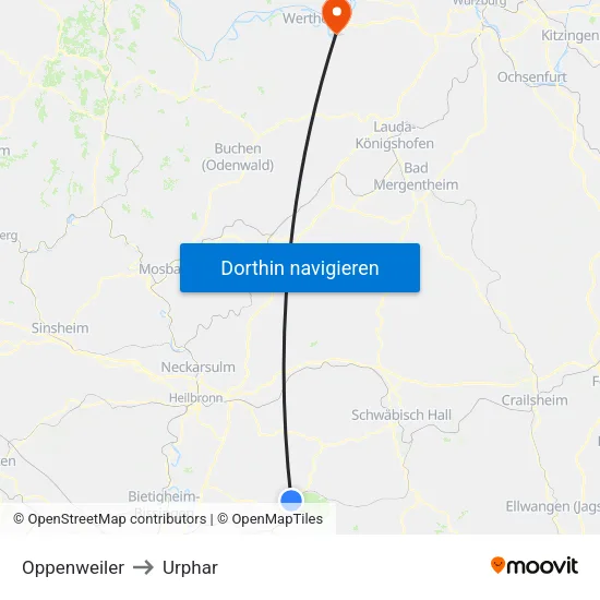 Oppenweiler to Urphar map