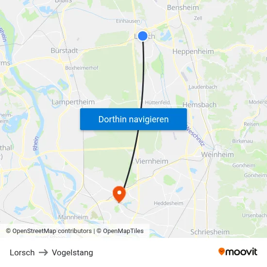 Lorsch to Vogelstang map