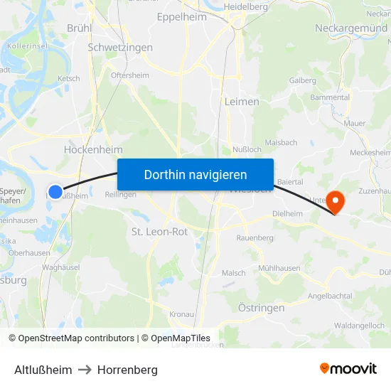 Altlußheim to Horrenberg map