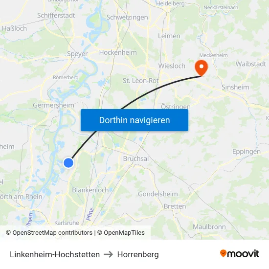 Linkenheim-Hochstetten to Horrenberg map