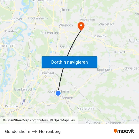 Gondelsheim to Horrenberg map