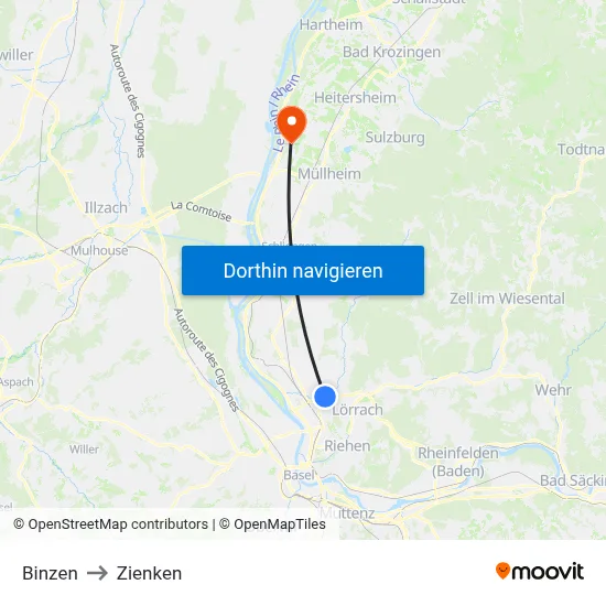 Binzen to Zienken map
