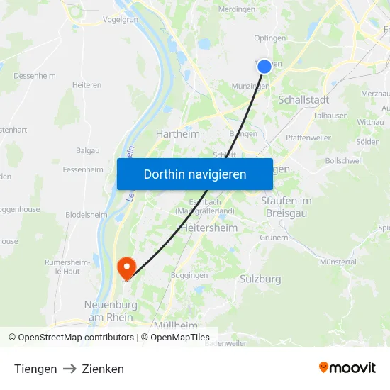 Tiengen to Zienken map