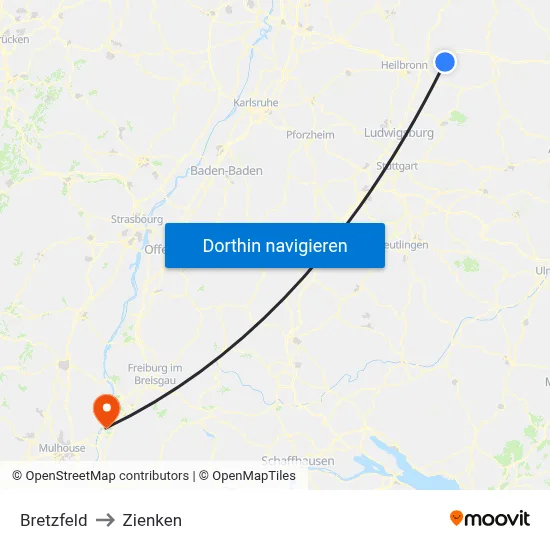 Bretzfeld to Zienken map