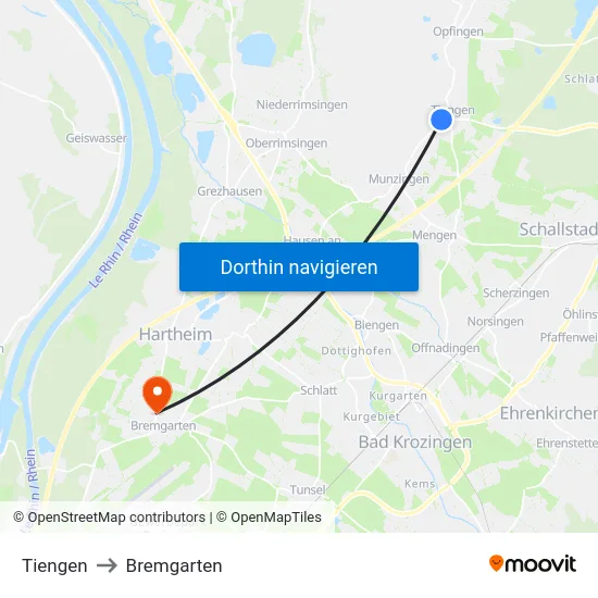 Tiengen to Bremgarten map