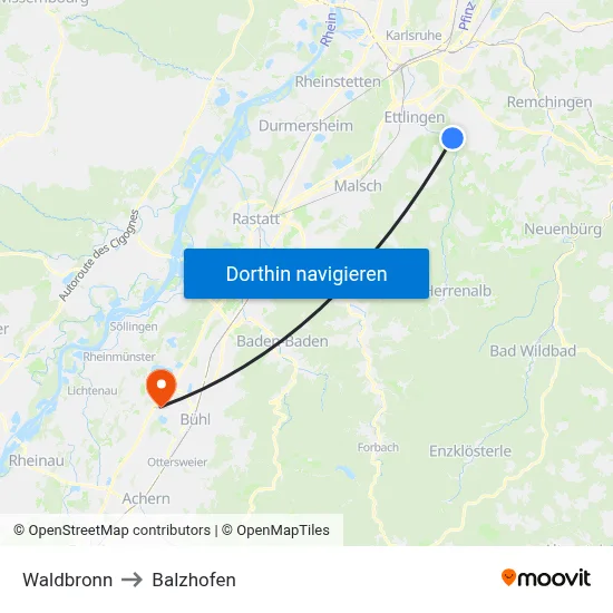 Waldbronn to Balzhofen map