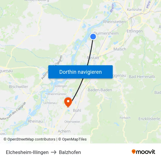 Elchesheim-Illingen to Balzhofen map