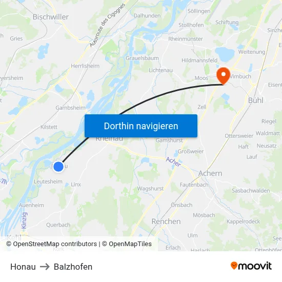 Honau to Balzhofen map