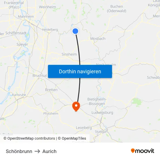Schönbrunn to Aurich map