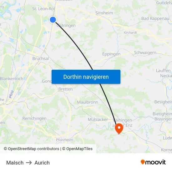 Malsch to Aurich map