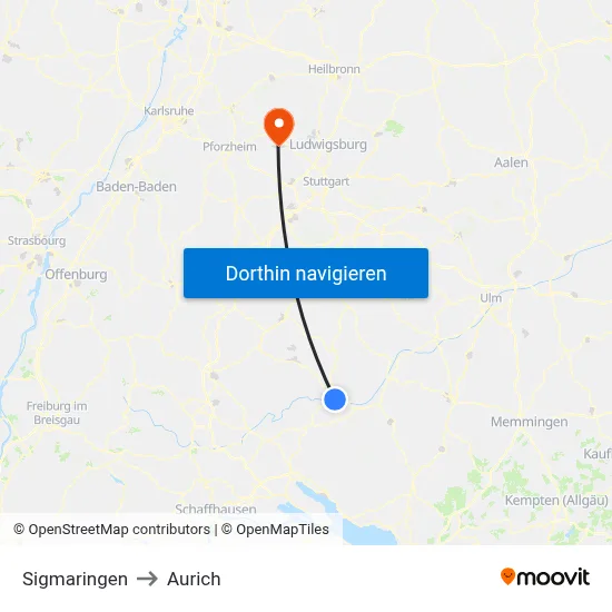 Sigmaringen to Aurich map