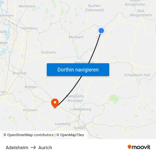 Adelsheim to Aurich map