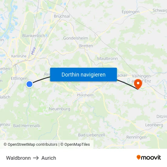 Waldbronn to Aurich map