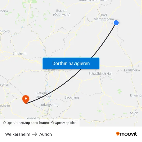 Weikersheim to Aurich map