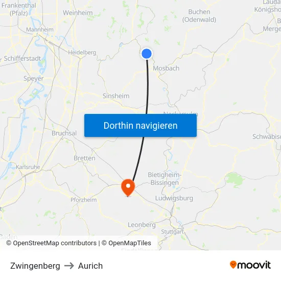 Zwingenberg to Aurich map