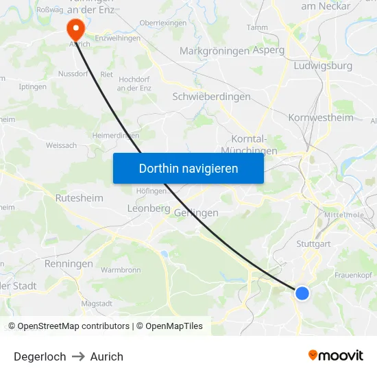 Degerloch to Aurich map