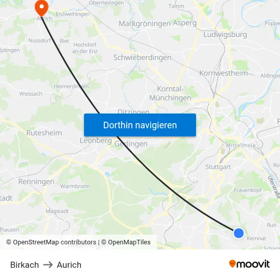 Birkach to Aurich map