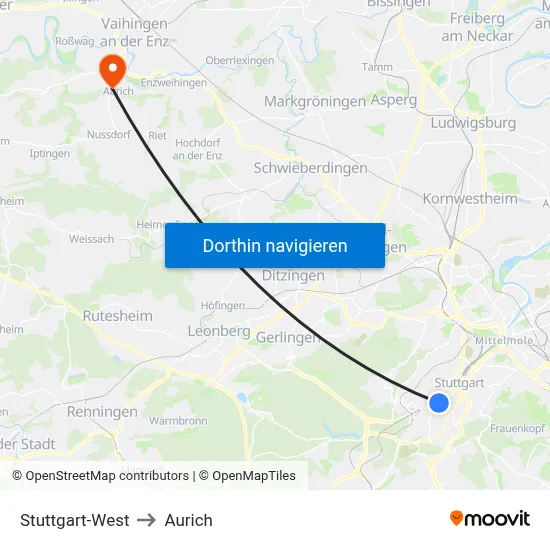 Stuttgart-West to Aurich map
