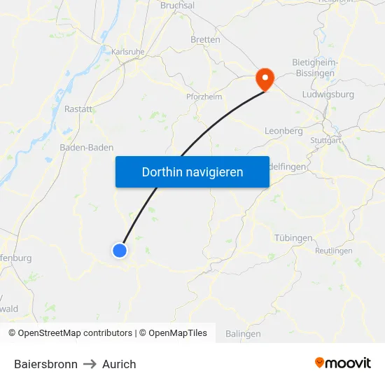 Baiersbronn to Aurich map