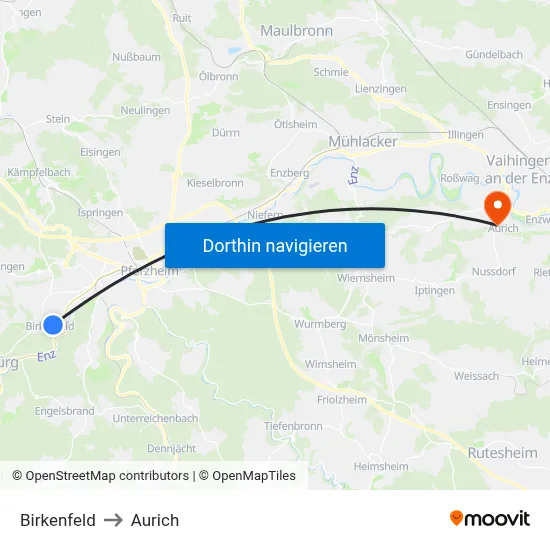 Birkenfeld to Aurich map