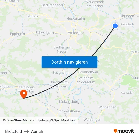 Bretzfeld to Aurich map